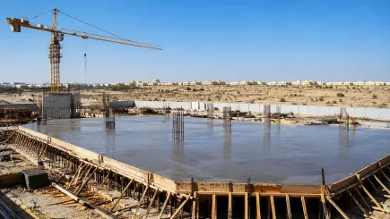 Early-stage construction site in Ras Al Khaimah with freshly poured slab and tower crane, representing the mobilisation point at which an independent project management company delivers its highest structural value.