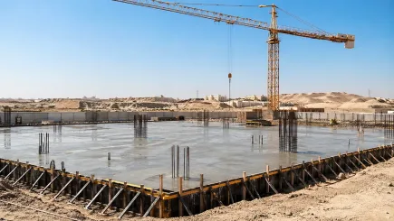 Freshly poured concrete slab at an early-stage UAE construction site, representing the critical early project decisions where overrun exposure originates.