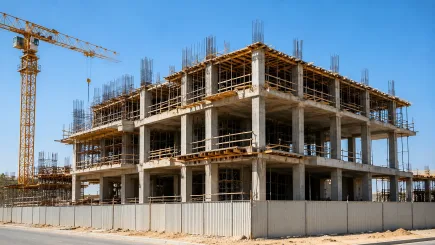 UAE construction project at superstructure stage with concrete frame and tower crane, representing the delivery phase at which unmanaged scope, programme, and approval risks compound into delay exposure.