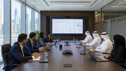 Technology vendor presenting to a UAE client team in a boardroom, representing the vendor selection stage where most UAE ERP and enterprise technology procurement decisions are made on proposal quality rather than delivery evidence.