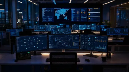 UAE corporate cyber security monitoring environment with network dashboards and status screens, representing the operational technology environment within which independent PM governance structures UAE cyber security programme delivery.