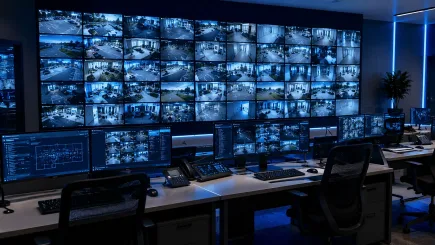 Professional UAE security control room with CCTV video wall and operator workstations, representing the integrated security system environment that independent project management governs from specification through commissioning and handover.