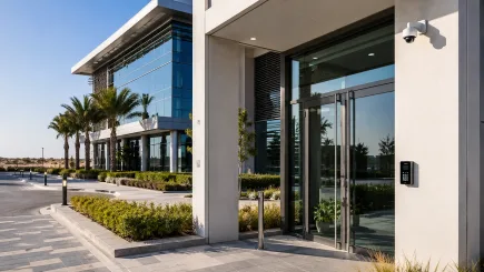 UAE commercial facility entrance with visible access control reader and CCTV camera, representing the physical security system environment that independent security project management governs from operational requirement through to handover.