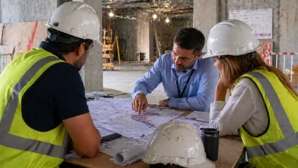 Project management site meeting in progress on a UAE fit-out project, showing the PM-chaired progress review that is central to delivery governance on construction and fit-out projects.