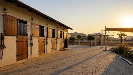 Wide view of a Northern Emirates equestrian facility yard, illustrating the facility improvement workstream in a project management for SMEs engagement in Ras Al Khaimah.