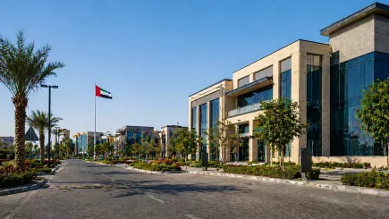 Ras Al Khaimah commercial business district exterior, representing the UAE market entry destination for international businesses establishing a presence in the Northern Emirates.